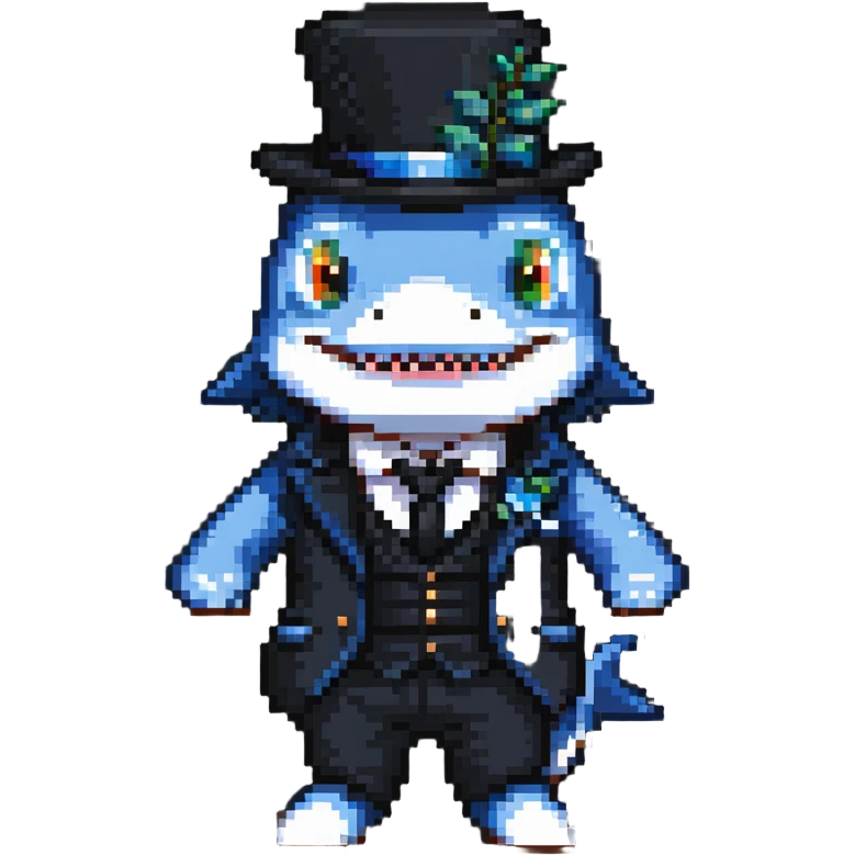 blue shark with a fancy black top hat emoji