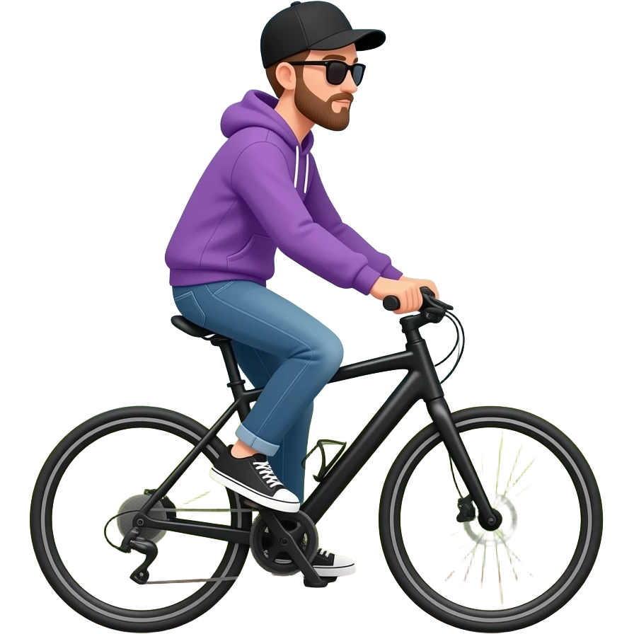 tall skinny guy with black basecap, fine-beard, purple hoodie, sunglasses and jeans rides a black e-bike with nature in the  background. emoji