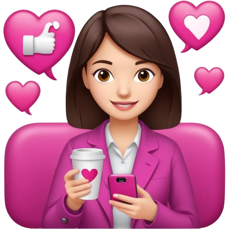 Social media manager. She has dark brown hair, brown eyes, a friendly smile. She is holding a smartphone and a coffee cup. Include subtle marketing elements like small icons of hashtags or a speech bubble with a heart, instagram logo. Use vibrant colors with a focus on pink and fuchsia tones. emoji