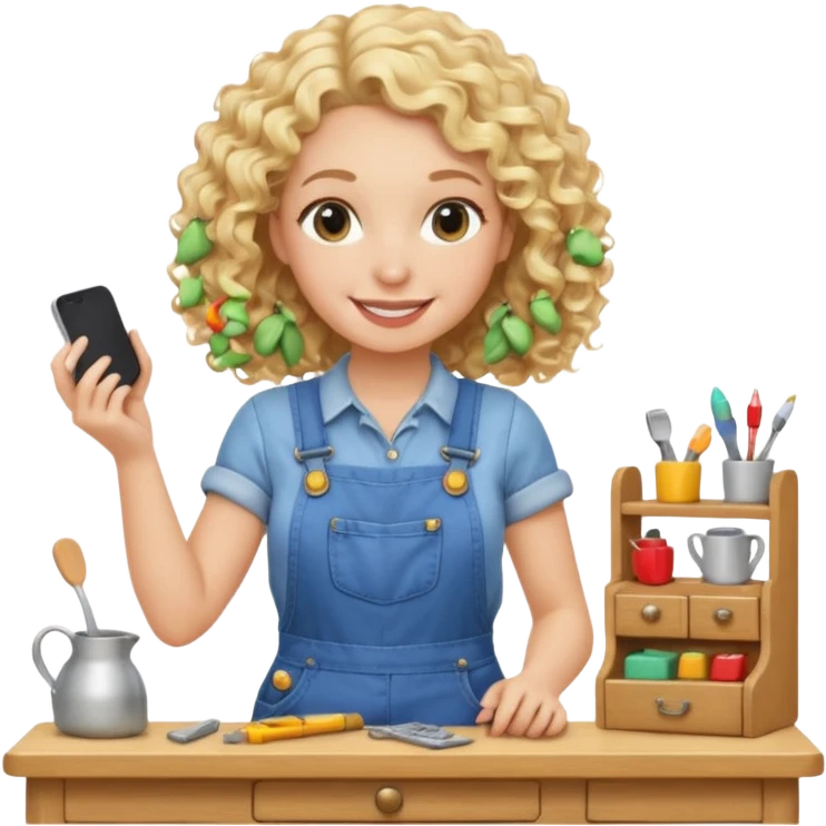 smiling blonde curly woman arranging furniture in doll house with overalls emoji