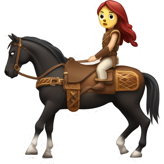 Caballo marrón de crines negras haciendo coma clásica con una amazona morena  emoji