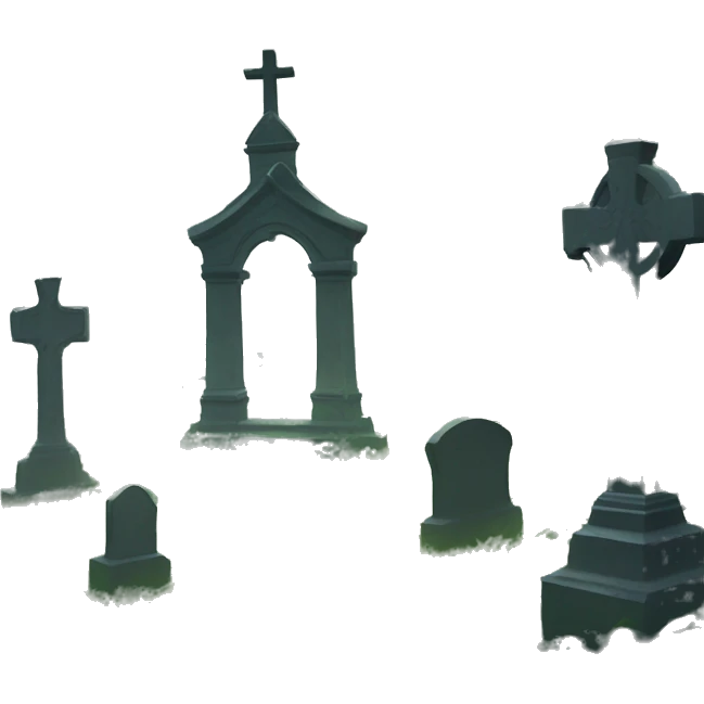 Large overgrown Haunting graveyard at noon, light fog emoji
