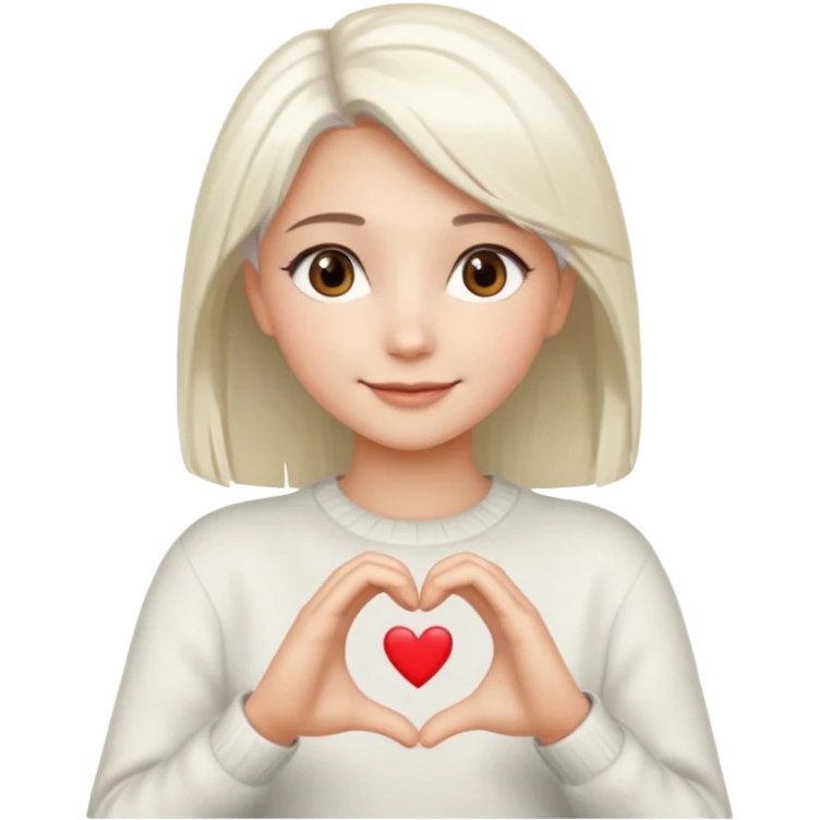 Beautiful girl. Platinum-colored hair just below the shoulders, straight, brown eyes, sweet smile. Hands in the shape of a heart. emoji