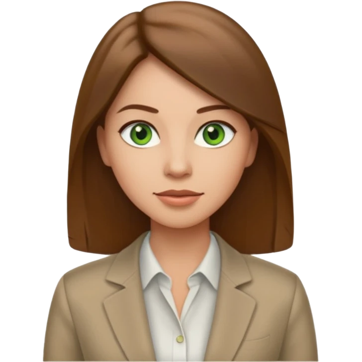 Adult woman avatar, light skin tone, oval face, straight long brown hair, green eyes, neutral mouth, business casual  emoji