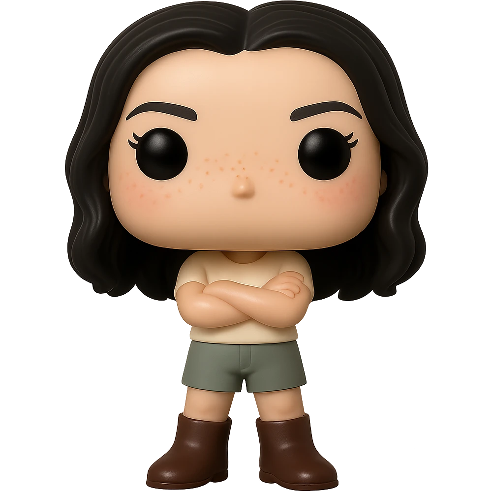 Edit the image into a Funko Pop style vinyl figure with realistic details. The figure should have no mouth, cream-colored top, grey bottoms, dark brown boots, and arms crossed. Add slightly rosy cheeks, very light freckles, and a mischievous and cheerful expression. The figure has dark hair. Remove the background to make it transparent. emoji