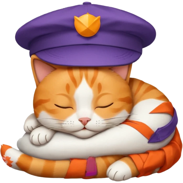 emoji of sleeping cat,it has on his head FedEx delivery cap emoji