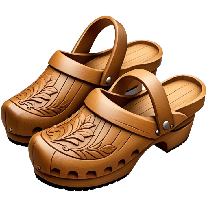 Cinematic Realistic Wooden Clogs Emoji, depicted as a pair of traditionally carved wooden clogs with intricate details and rustic charm. emoji