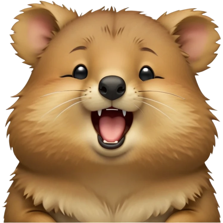 cinematic-realistic  yawning quokka-emoji,-small-round-frame, head tilted in an endearing manner, wouth wide open yawning, sleepy comical smile, round fluffy cheeks, giant-fluffy-cheeks-large-smile-fluffy-brown-fur-radiating-a-warm-softness,-big-round-eyes-filled-with-joy, realistic round  fluffy zoomed in, large black eyes one paw raised in the air emoji