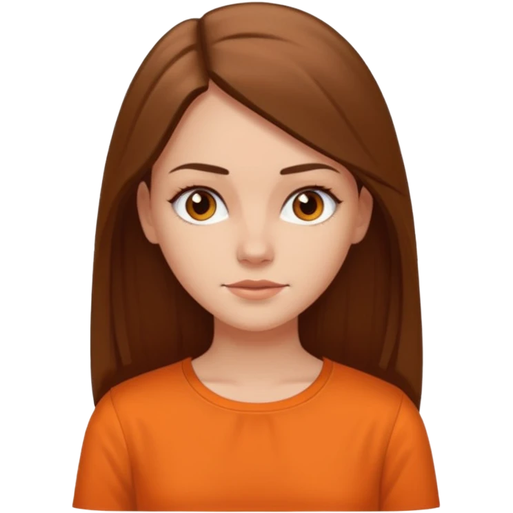 white girl with long straight hair and orange blouse not smiling emoji
