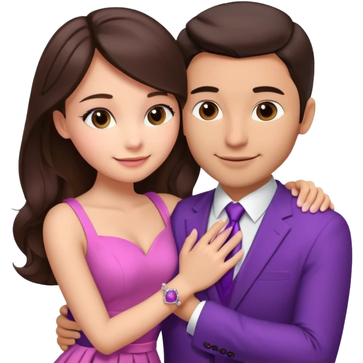 Brunette girl, with an engagement ring on her finger hugging a handsome man, (her boyfriend) both of them happy, she’s wearing a pink dress, he is wearing a suit, he’s also a rich businessman, and there is the 💜 purple heart emoji on top. They look in love with each other emoji