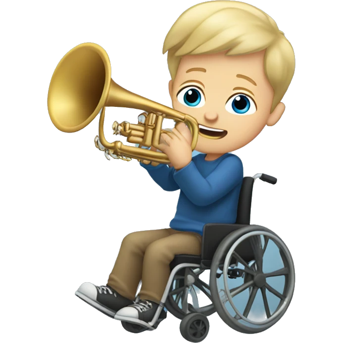 White Boy with dirty blonde hair and blue eyes in a wheelchair holding a trumpet emoji