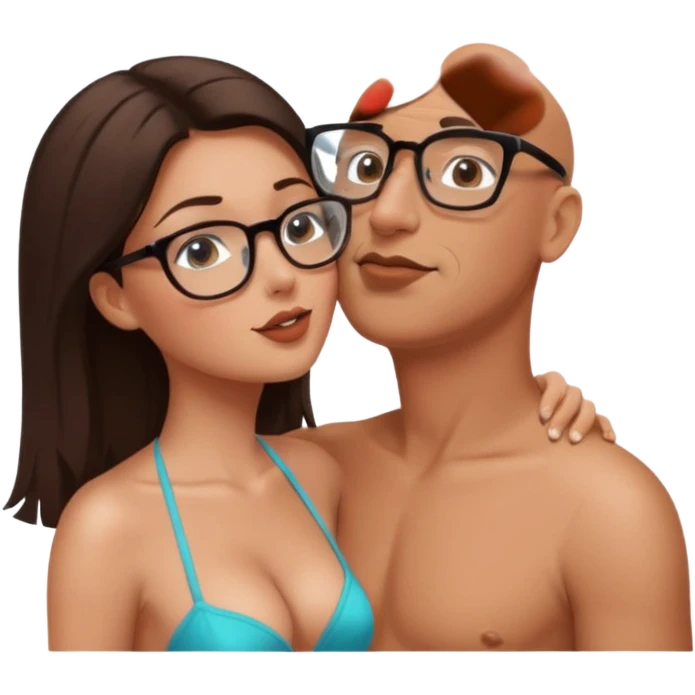 A sexy shirtless brunette kissing a bald man wearing glasses emoji