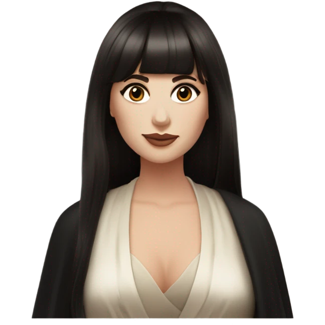 Super gorgeous and beautiful white woman with ultra long dark brown straight slightly wavy hair  with straight bangs with beautiful brown eyes plump lips a little blush and wearing a gorgeous black silk robe  emoji