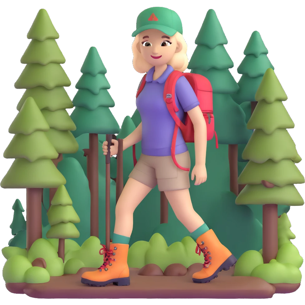 Outdoorsy woman with hiking boots and forest background, Melissa Backwoods emoji