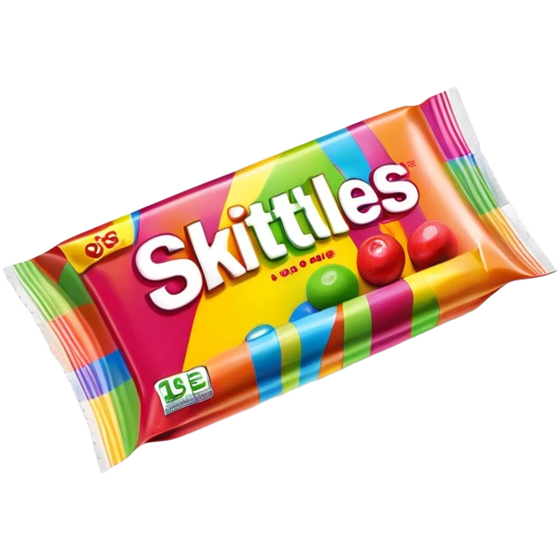 A damaged Skittles package repaired with strips of clear scotch tape, colorful packaging with rainbow colors, minimalist emoji