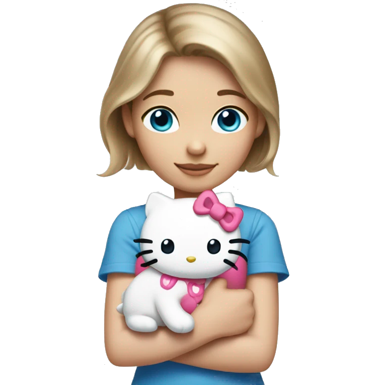 Girl with brown blond hair blue eyes holding a hello kitty  emoji