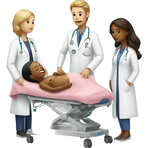 a woman gives birth and doctors stand nearby emoji