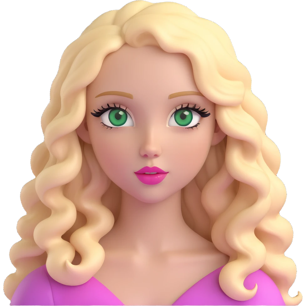 emoji of a girl with green eyes, long blonde wavy hair, long eyelashes, pink lips, neutral expression emoji