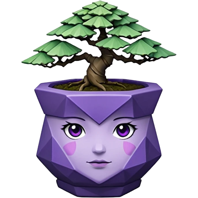  Earthenware small short squat cascading black green-violet bonsai pot plant purple hair-leaf pine tree with triangular angular polygonal faceted asymmetrical originally shaped pot emoji