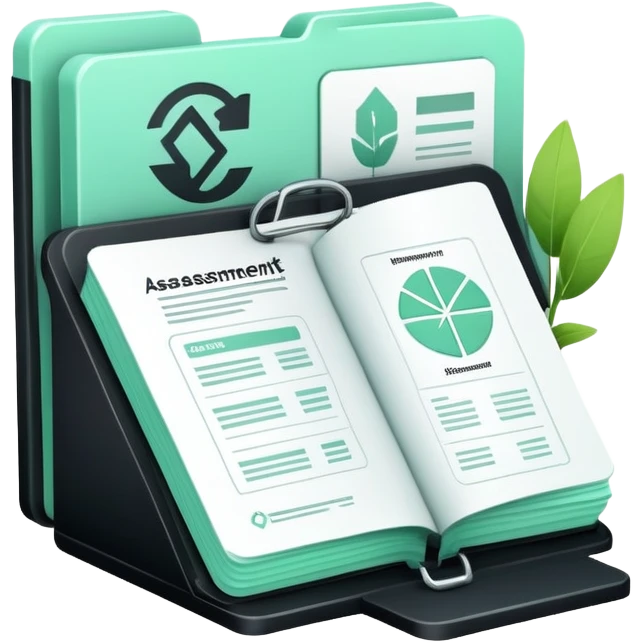 Environnement (Environment), 3D technical icon with black and mint green (#B5F4D3), environmental impact assessment document with regulatory compliance indicators and sustainability metrics emoji