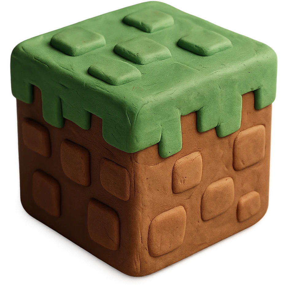 Minecraft grass block, claymation style, visible fingerprints, pastel colors, no text emoji