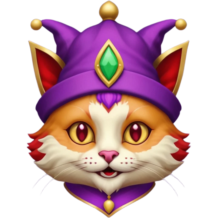 crazy colorful cute little cat jolly joker from poker, medieval, vintage, court jester, mac os icon, purple, gold and red color, head + torso. Squared shape as 3D mac os icon, symmetrical emoji