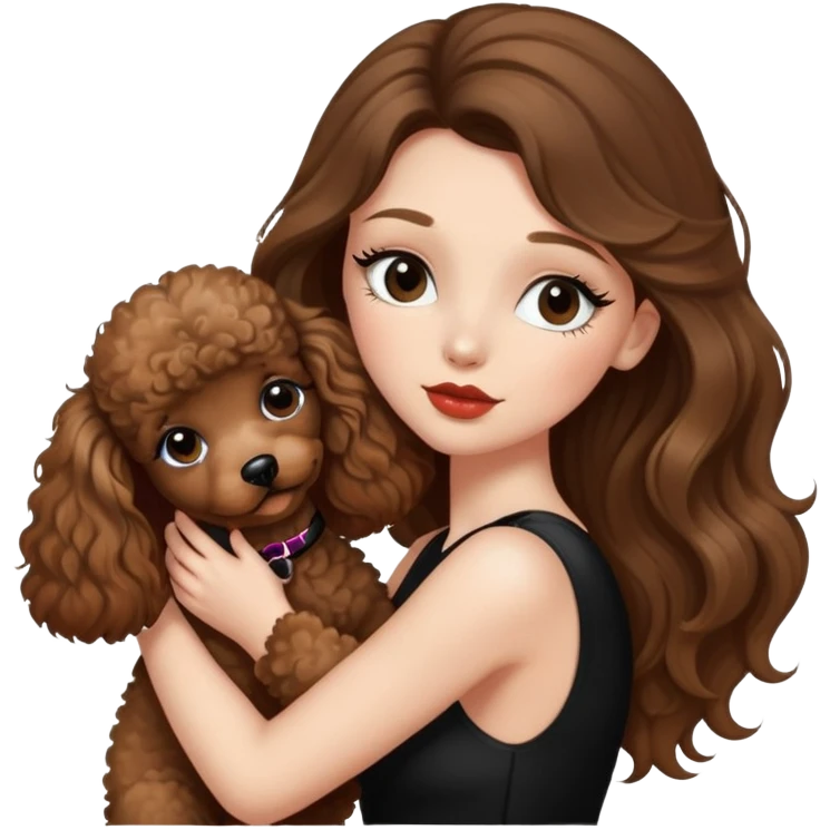 girl with long balayage hair and long lashes, wearing black halterneck top, and holding and kissing a brown poodle emoji