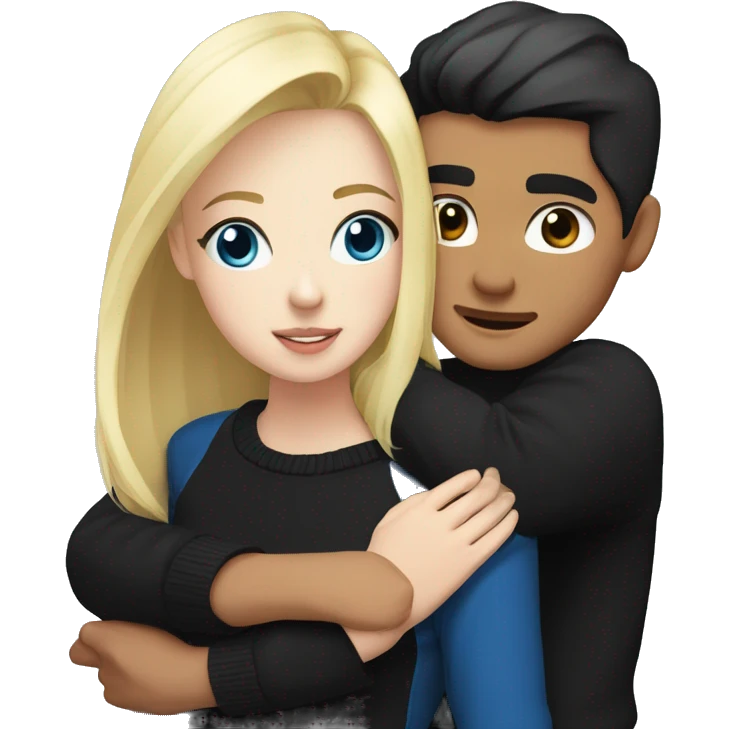 Blonde girl with blue eyes in black sweater and an east asian man with black hair and black eyes hugging emoji