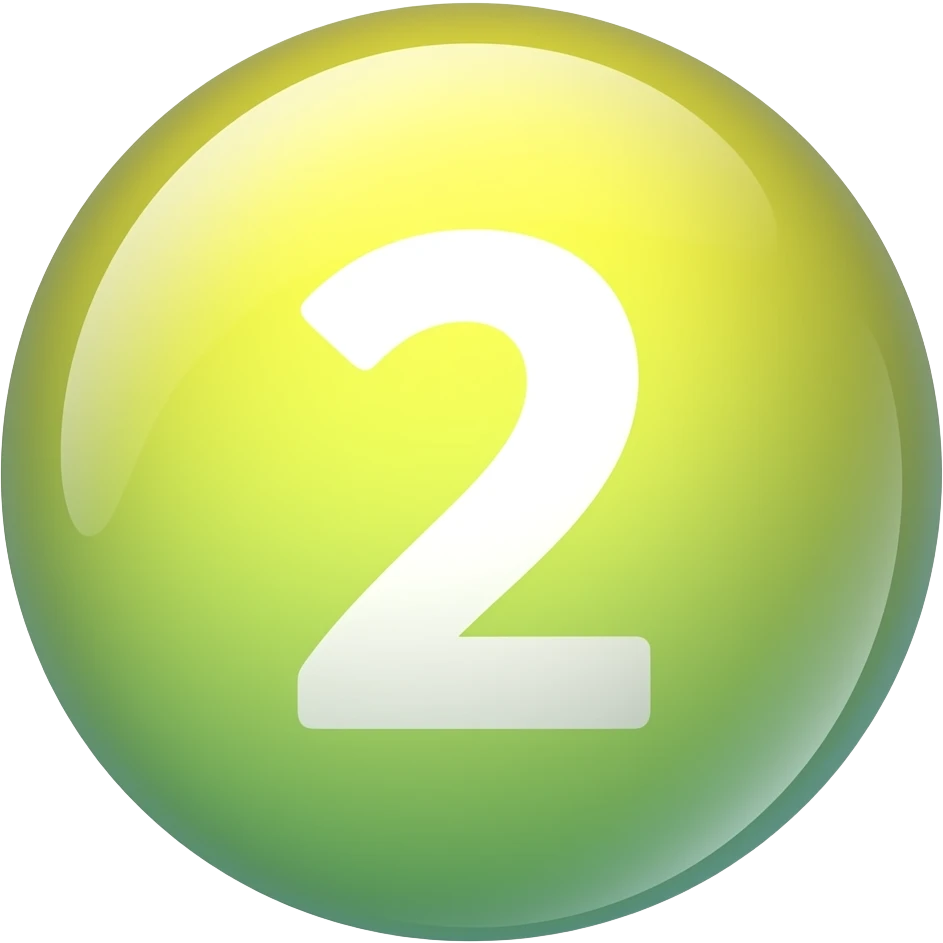 Glossy 3D sphere emoji, "2" bold white text centered, glowing gradient from yellow to light green, glass reflection highlight, bubble style icon emoji