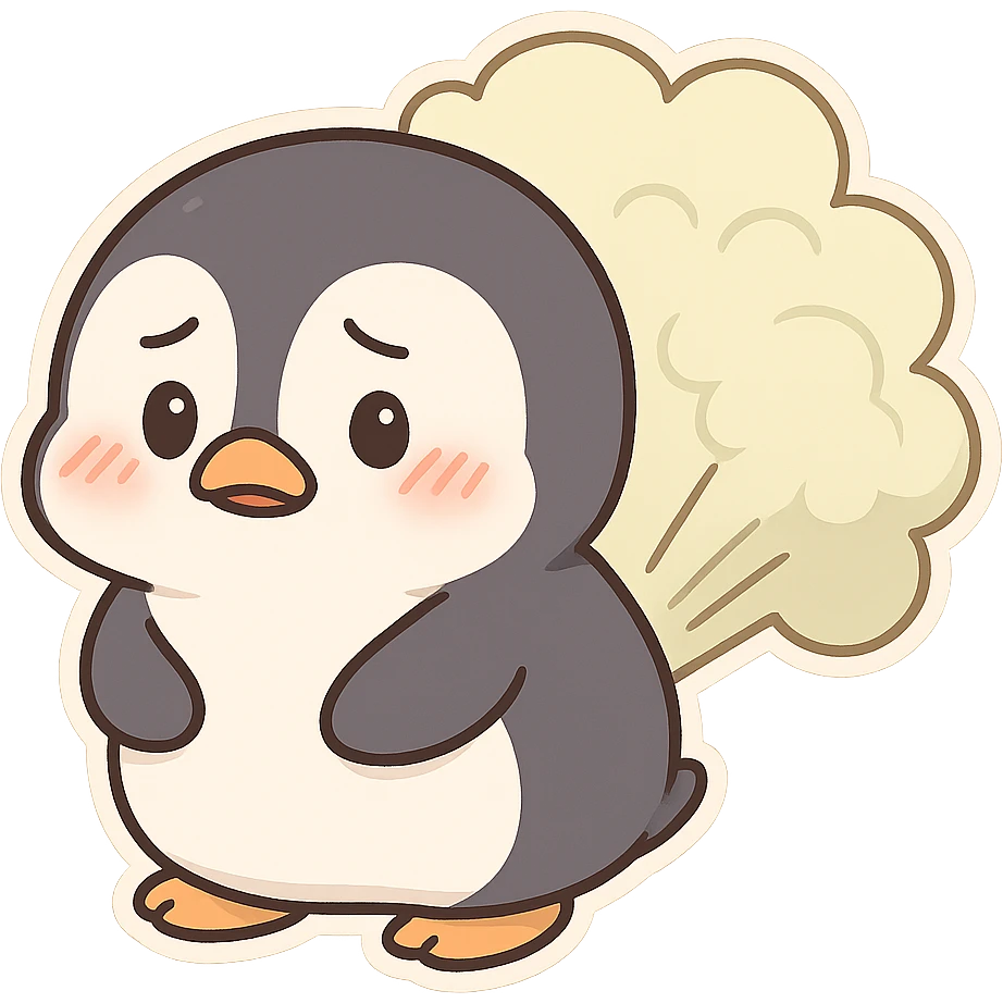 cute penguin with big fart cloud behind it looking embarrassed emoji