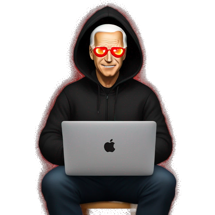 joe biden in a black hoodie with bright red glowing laser eyes typing on a macbook, joe biden, black hoodie, bright red glowing eyes, typing on macbook emoji