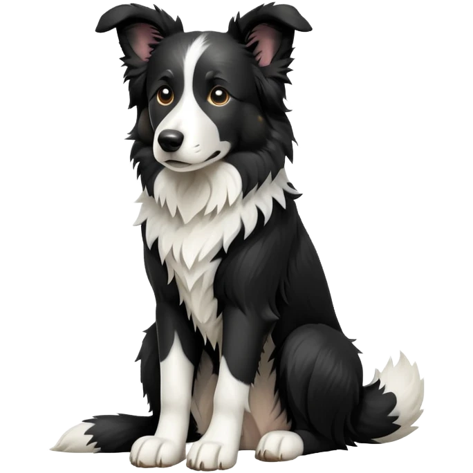 cinematic-[border collie dog]-realistic-full-body-sitting-emoji,-tail-resting-loosely-beside-its-paws,-head-tilted-dramatically,-scruffy-[black and white]-fur,-simplified-yet-realistic-focused-features,-highly-detailed,-glowing-with-an-almost-sarcastic-glow emoji