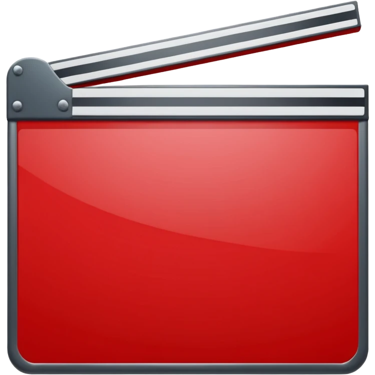 Glossy bright red clapperboard in the classic style of Apple icons: the top bar is tilted up-left, the body and bar with a deep glossy glare, dark gray edging, black background inside, perfectly square with rounded corners. emoji