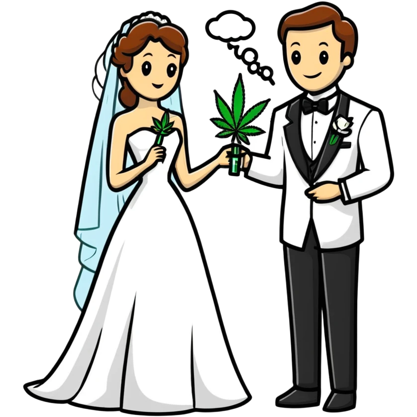 Bride in white dress and groom in tuxedo sharing a cannabis joint, cheerful cartoon wedding couple emoji