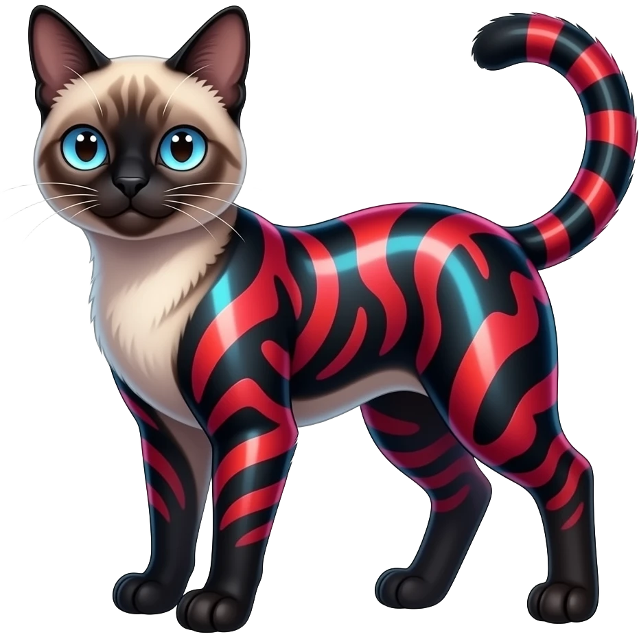Colorful Neon exotic iridescent Red and black and edgy and cute tropical shiny Fantasy-Siamese-Bobcat-Caracal-Scottish-Fold-feline-Fakémon-feline-hybrid (full body) emoji