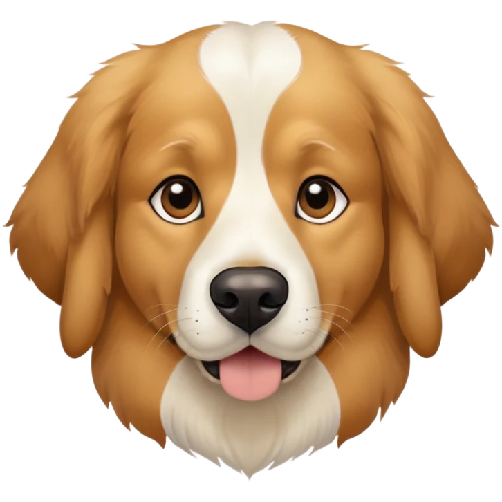 This is a big, dog with a white and brown face thats fur texture is like a golden retriever who got way too close to the camera, white face and dark brown ears with black around his eyes  emoji