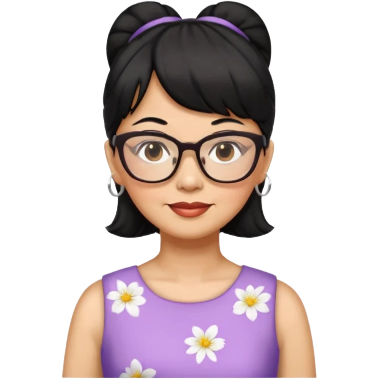 filipino woman black hair in one pony tail with straight bangs and big glasses, 60 yr old, nice dress

 emoji
