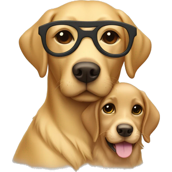 Golden Labrador retriever cuddles with a girl with brown hair, glasses and a nose piercing emoji