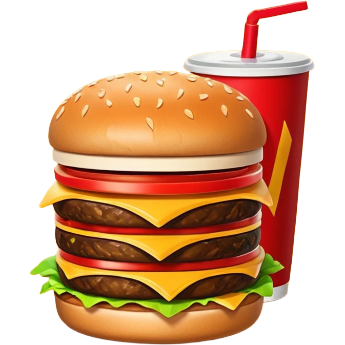A clean and simple icon of fast food in emoji-style illustration. A burger with fries and a soda cup, bright and bold colors, simple shapes, flat design, high contrast, inviting and appetizing. emoji