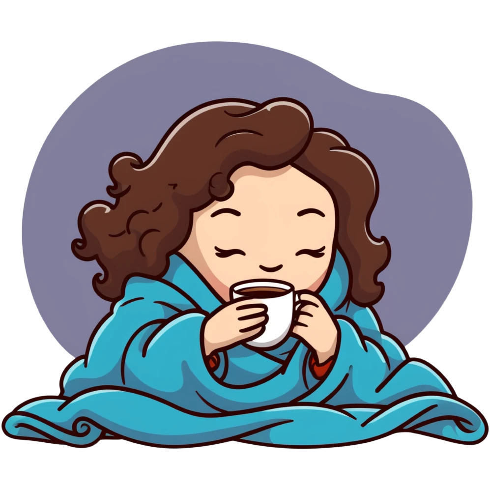 White girl with curly brunette hair inside a blanket sipping coffee with eyes closed, cozy winter morning emoji