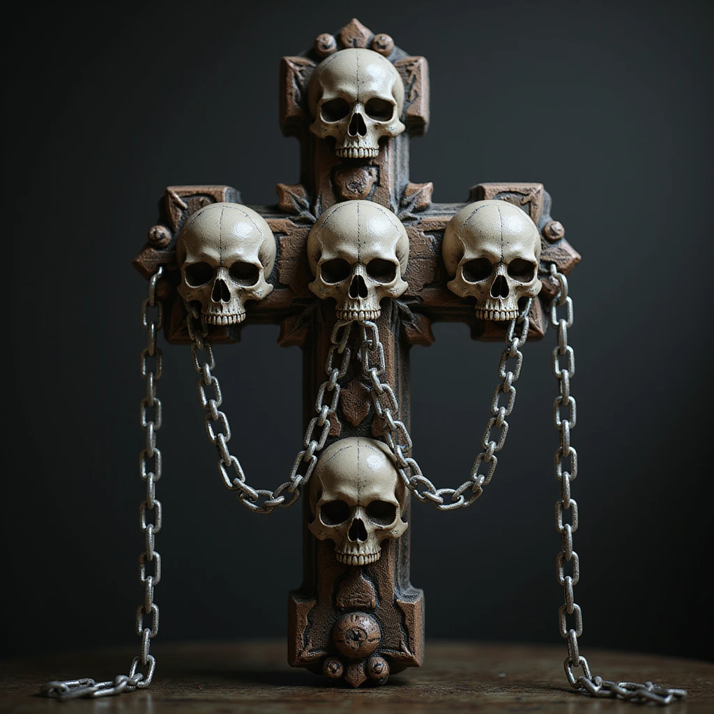 realistic gothic cross, with skulls and chains, photorealistic style emoji