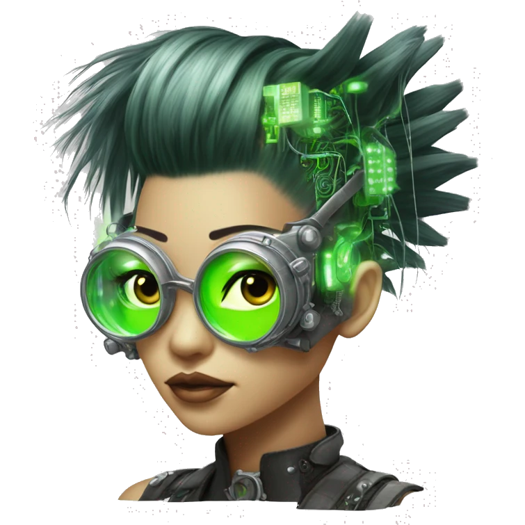 Neon green Mohawk hair Asian female cyborg head with silver steampunk goggles and circuits emoji