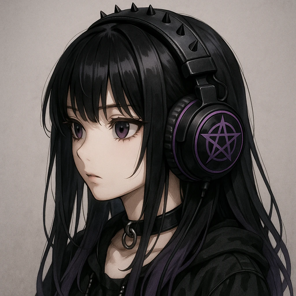goth headphones, black with purple accents, realistic anime style emoji