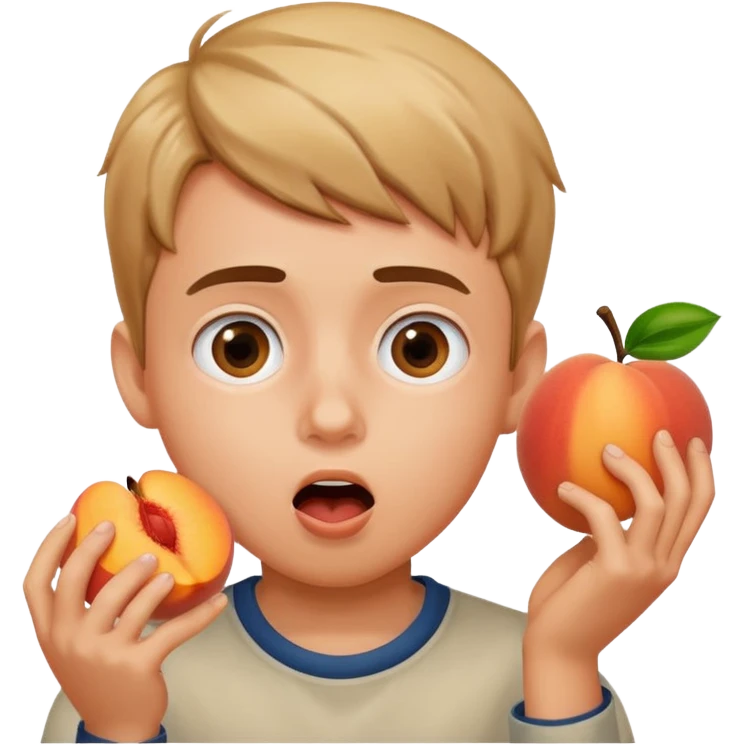 Boy eating a peach while he is surprised emoji