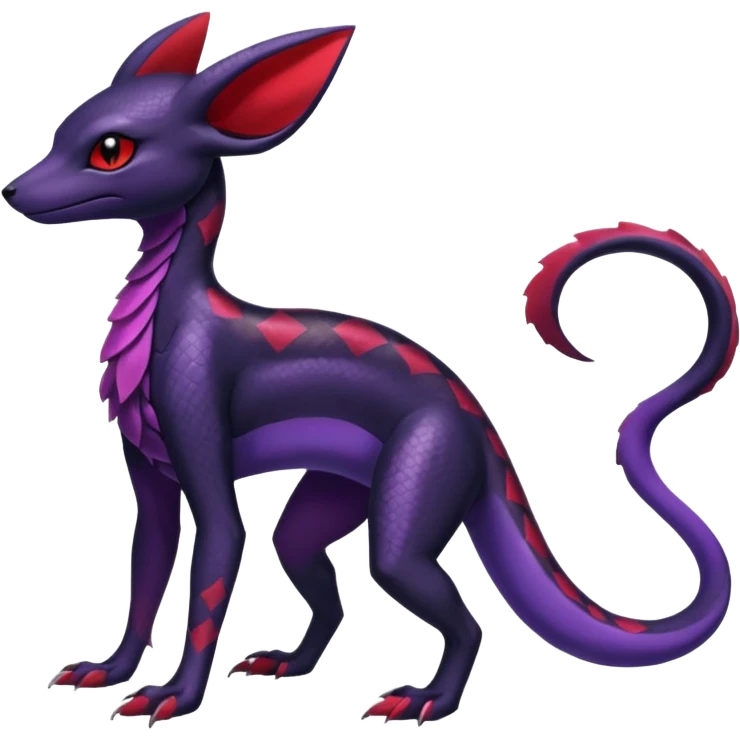 Gothic Black red purple Scaley Exotic Salandit-Umbreon-Suicune-Fakémon-hybrid-creature (full body), 4 legs emoji