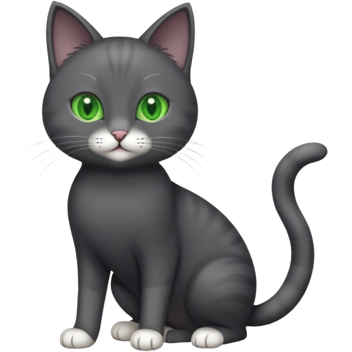 full body gorgeous solid dark grey cat with green eyes, white paws and white whiskers playing emoji