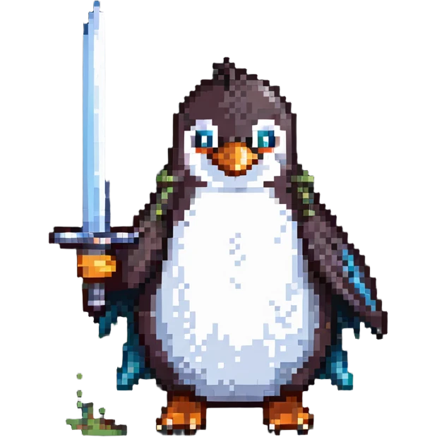 pixel art style penguin casting a spell with a sword emoji