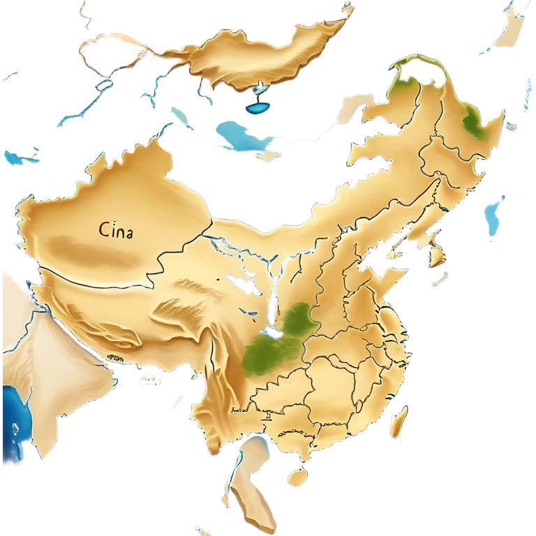Cinematic-realistic outline of china, featuring its distinct landmass with accurately defined coastlines. The deep blue ocean surrounds the golden-brown continent, with subtle topographic shading to highlight its terrain. A soft glowing effect enhances the edges, making the shape stand out against a neutral, textured background. emoji