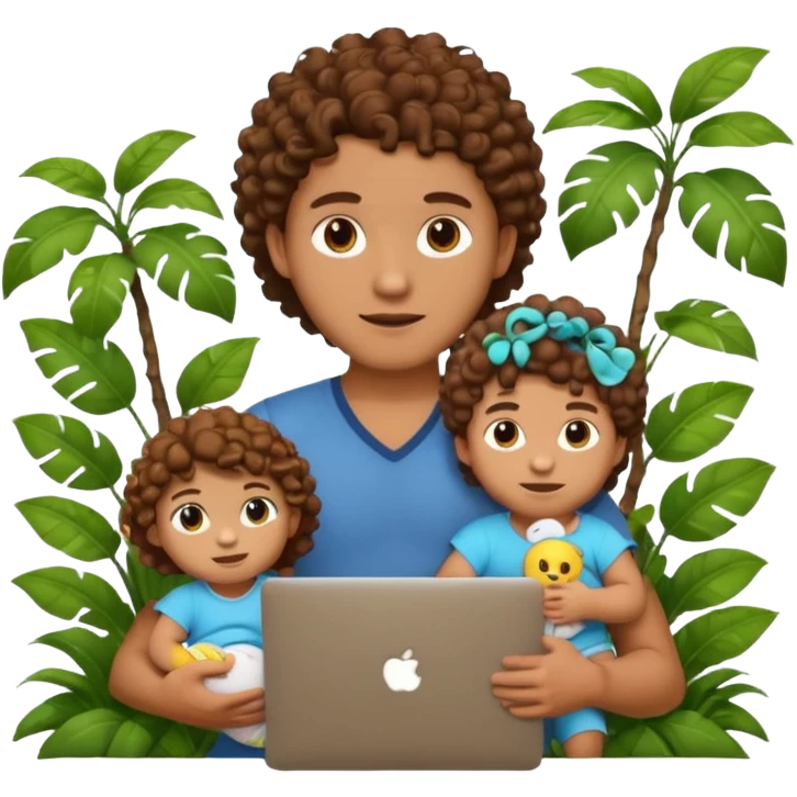 a guy with curly hair in the middle of the jungle holding a baby doll and a laptop, emoji style, more focus on the laptop emoji