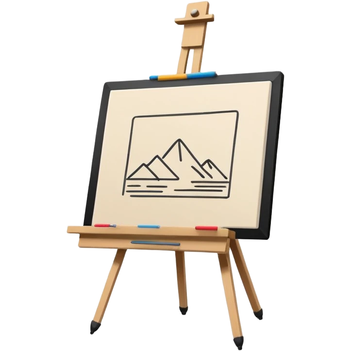 Minimalistic flat vector icon, iOS style, thin black contour on white background. Easel holding a canvas with simple sketch lines, pencil beside it. No text, no shadows emoji